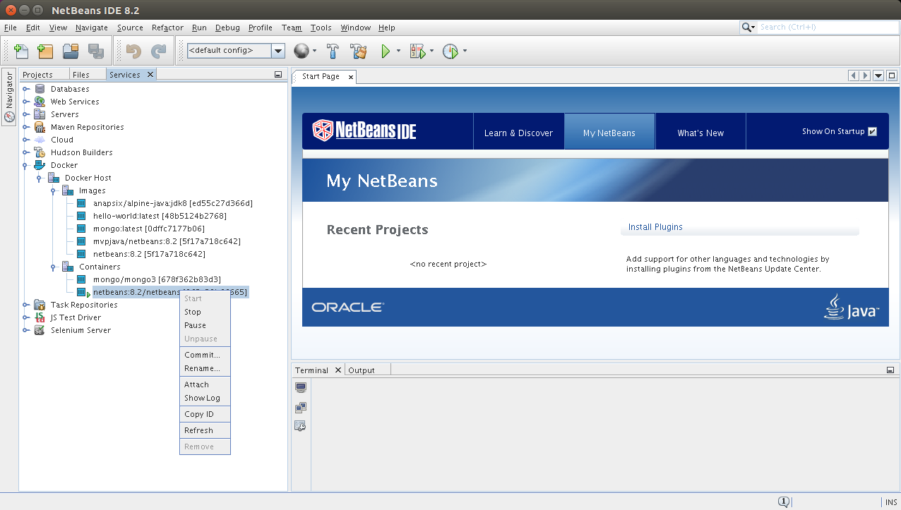 NetBeans 8.2 Docker Container context menu